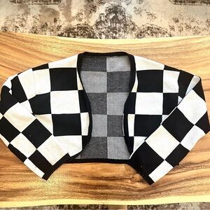 Black and White Checkered Cropped Cardigan Sweater